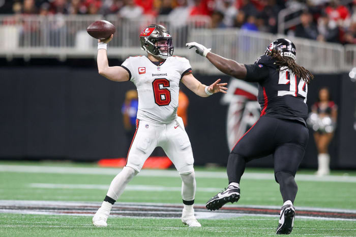 Dec 10, 2023; Atlanta, Georgia, USA; Tampa Bay Buccaneers quarterback Baker Mayfield (6) throws a pass against the Atlanta Falcons in the second half at Mercedes-Benz Stadium.